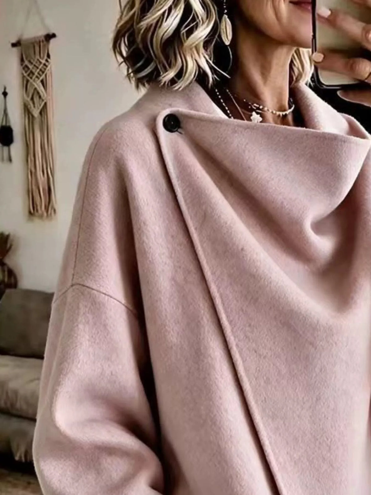 Pink asymmetric cowl neck cape-style jacket, cowl neckline and shoulder button