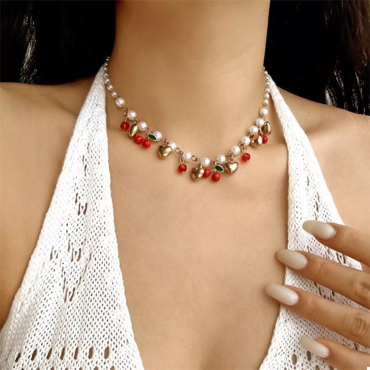 Trendsi 18K Gold-Plated Cherry & Heart Pearl Necklace -