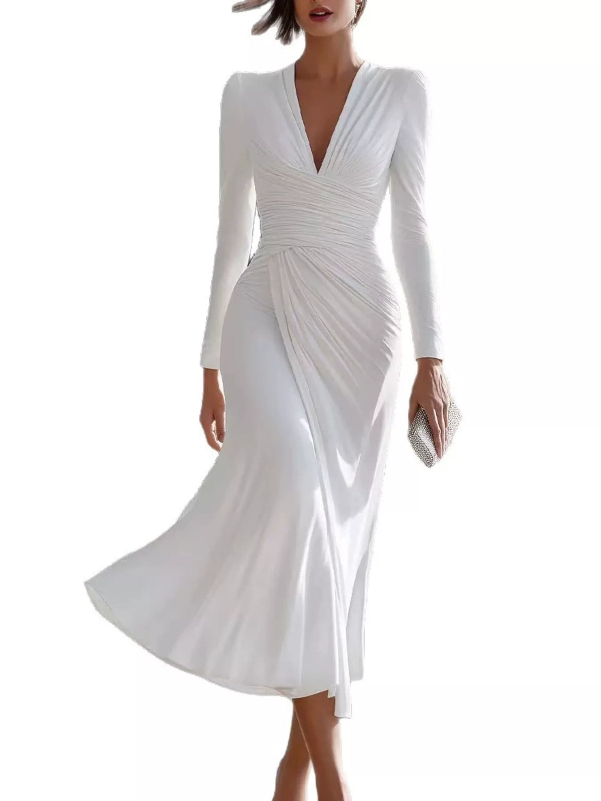 Women's Ruched Long Sleeve Midi Dress in white — front view