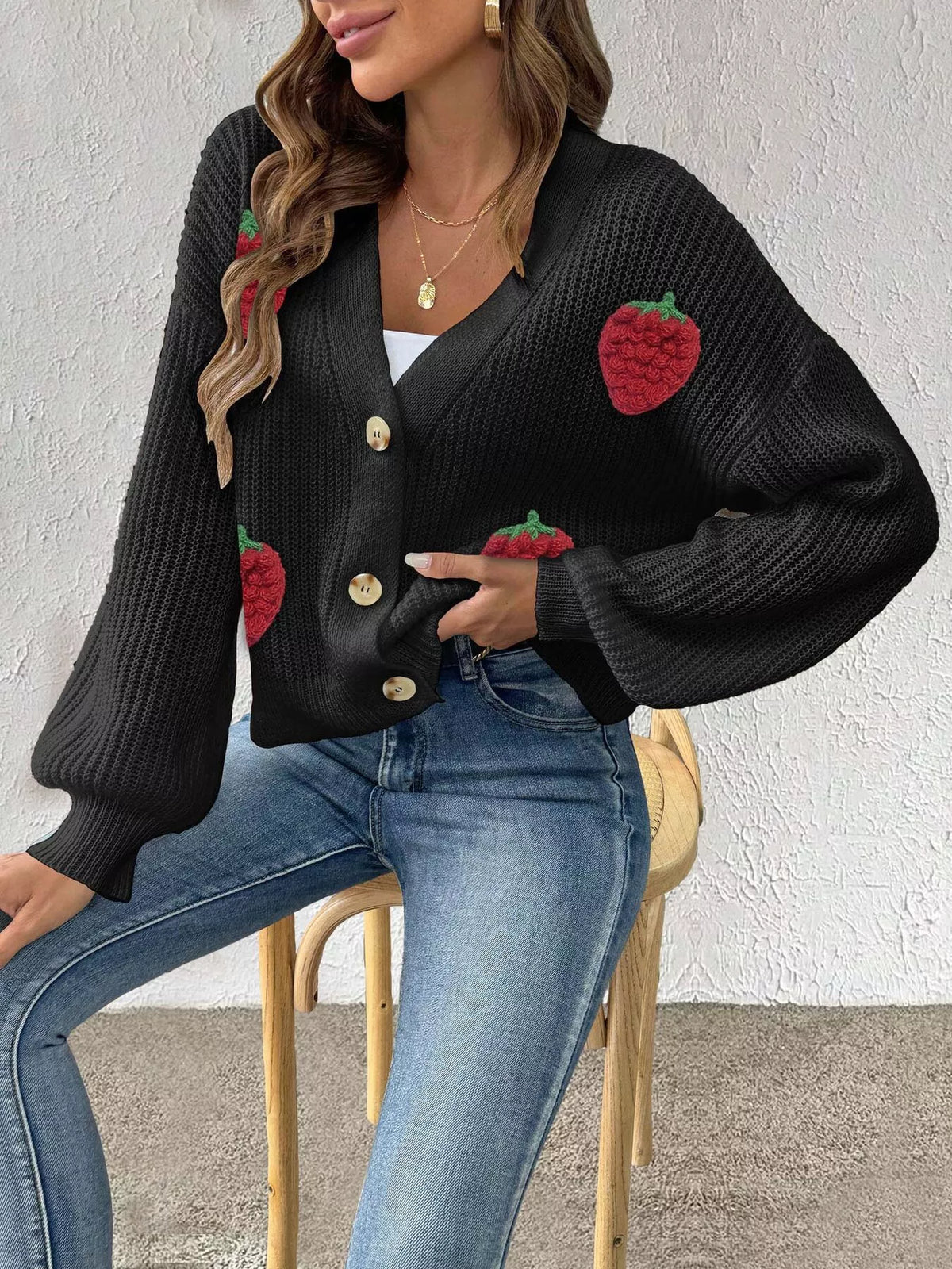 Black Strawberry Applique Button-Up Cardigan side view