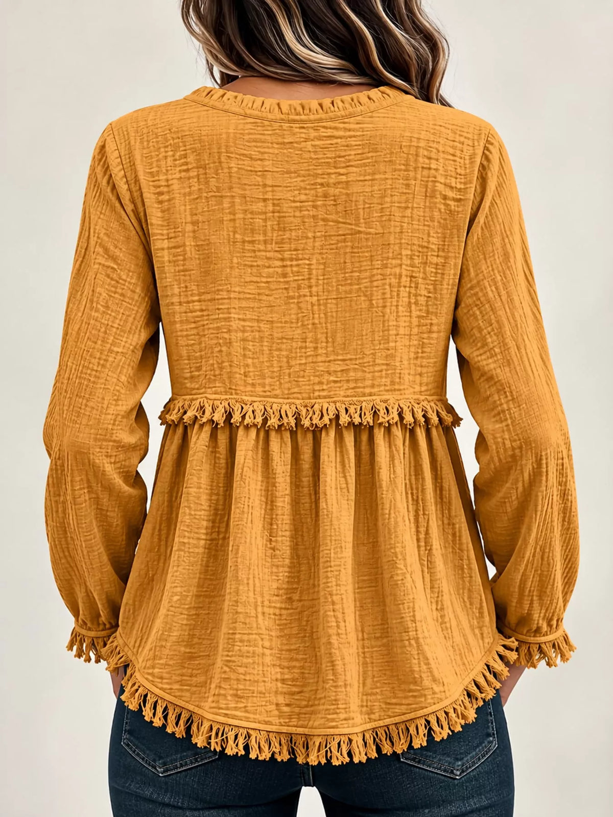 Frayed-hem blouse, mustard back