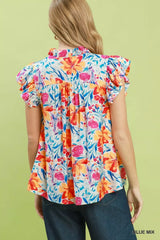 Trendsi Umgee Smocked Yoke Ruffle Sleeve Floral Blouse -