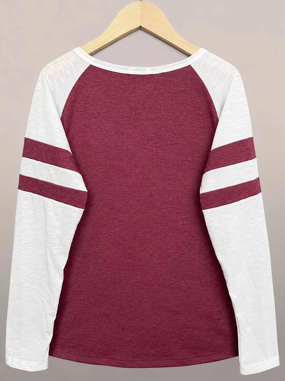 Burgundy color-block raglan sleeve striped t-shirt