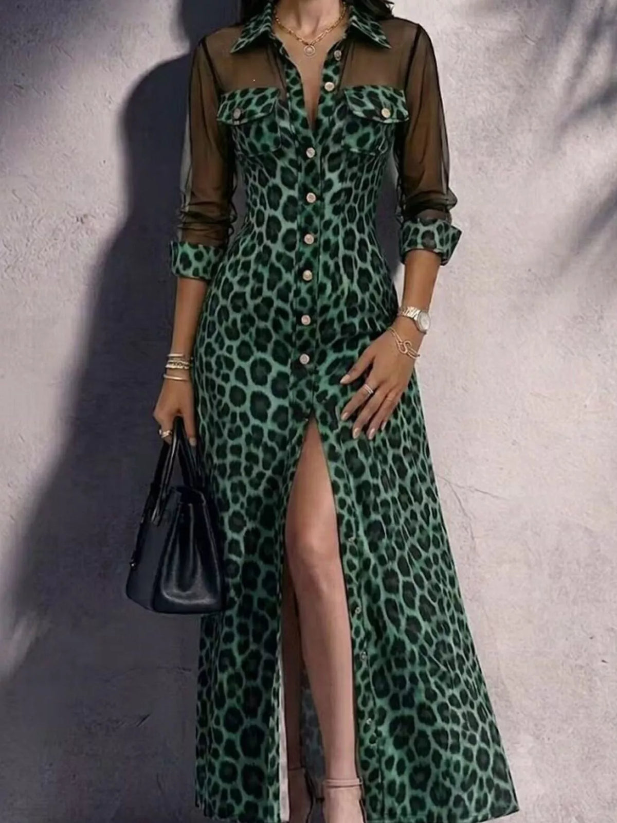 Women's Leopard Sheer Mesh Long Sleeve Button-Down Maxi Dress in Green, front view