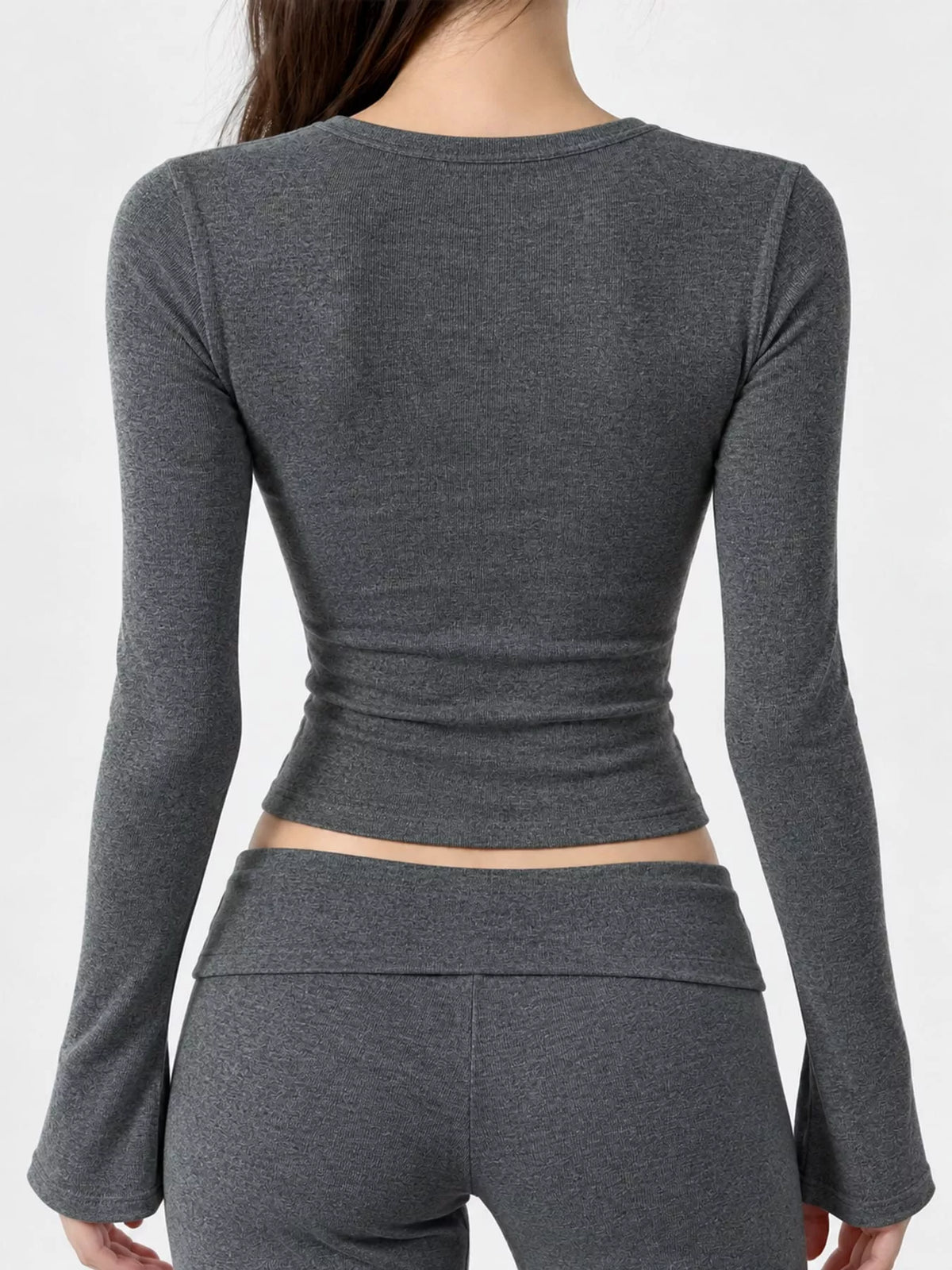 Gray button detail long sleeve t-shirt, back view