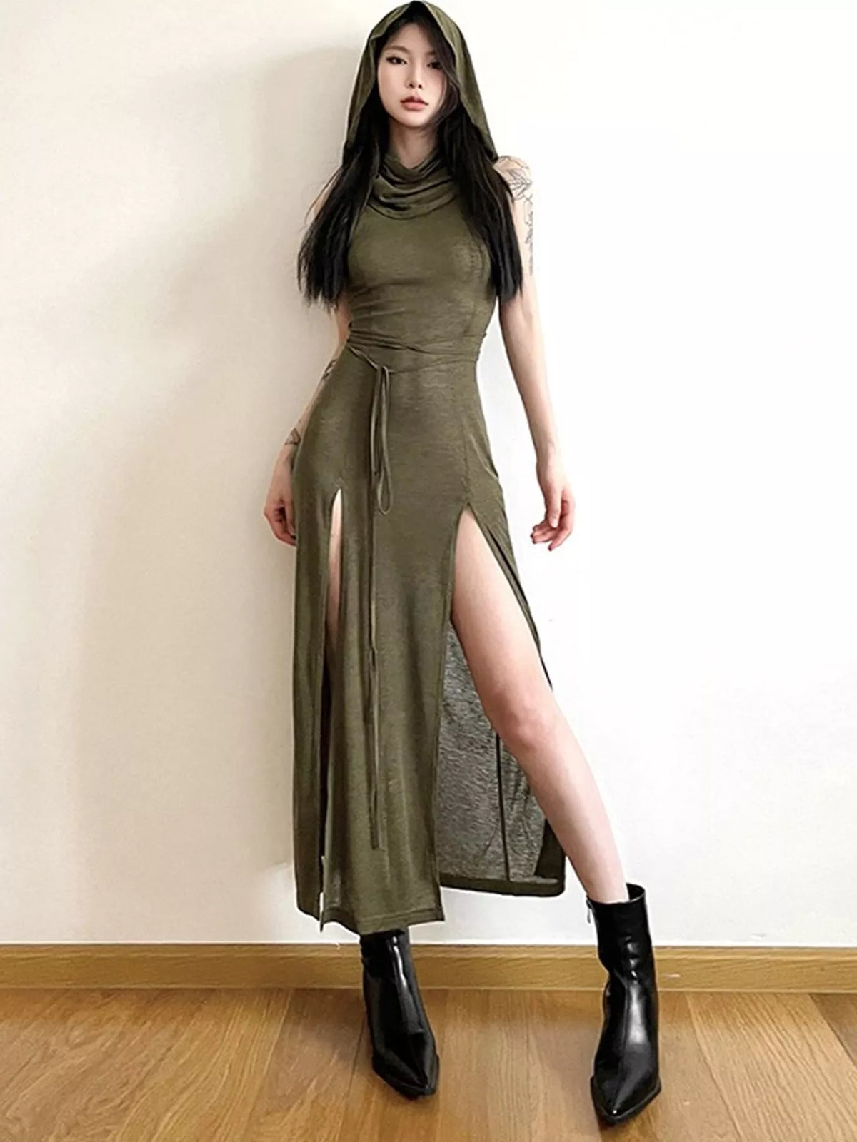 Olive green sleeveless high slit hooded maxi dress, front view