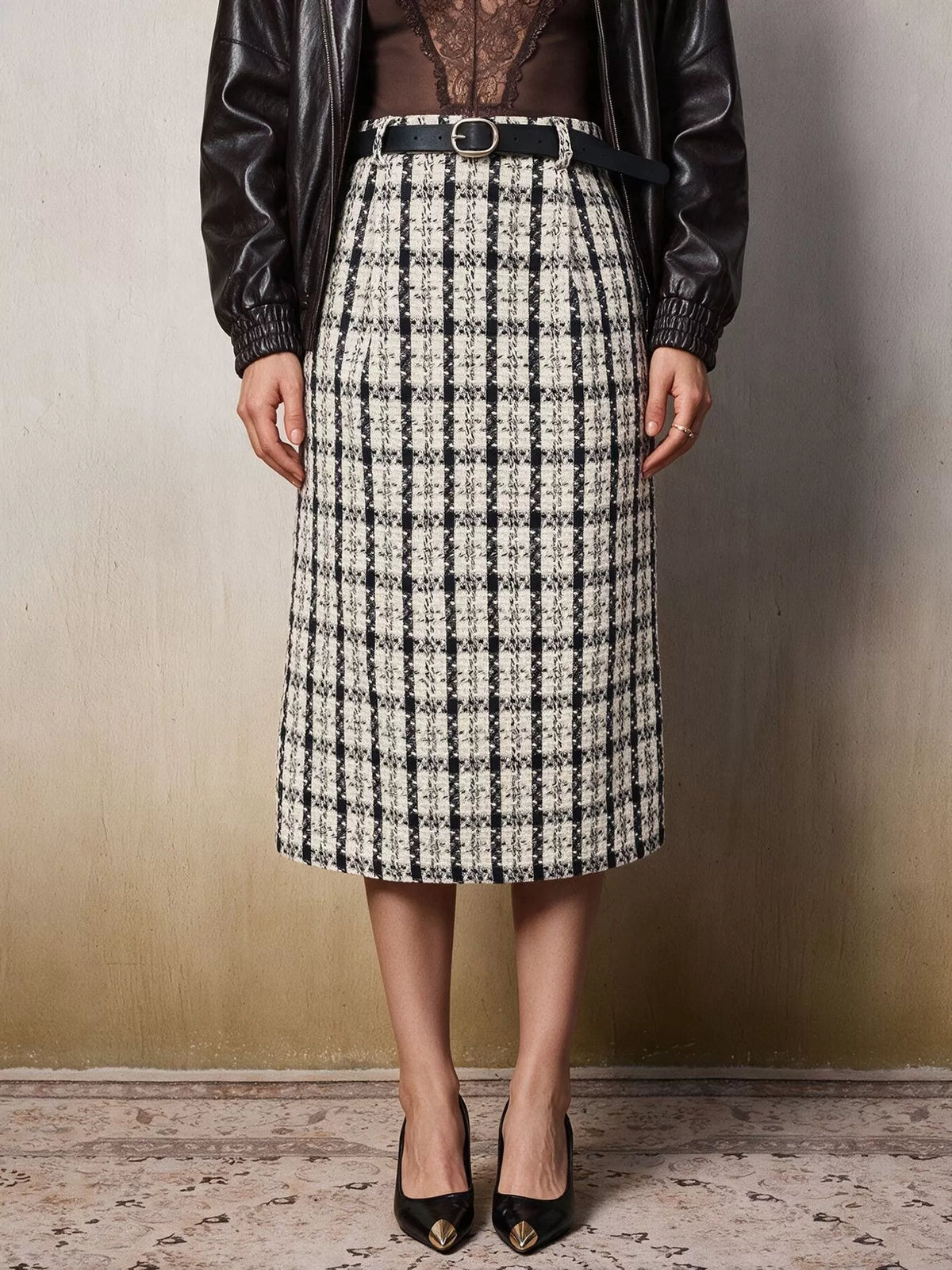 Black and white plaid midi skirt, front view