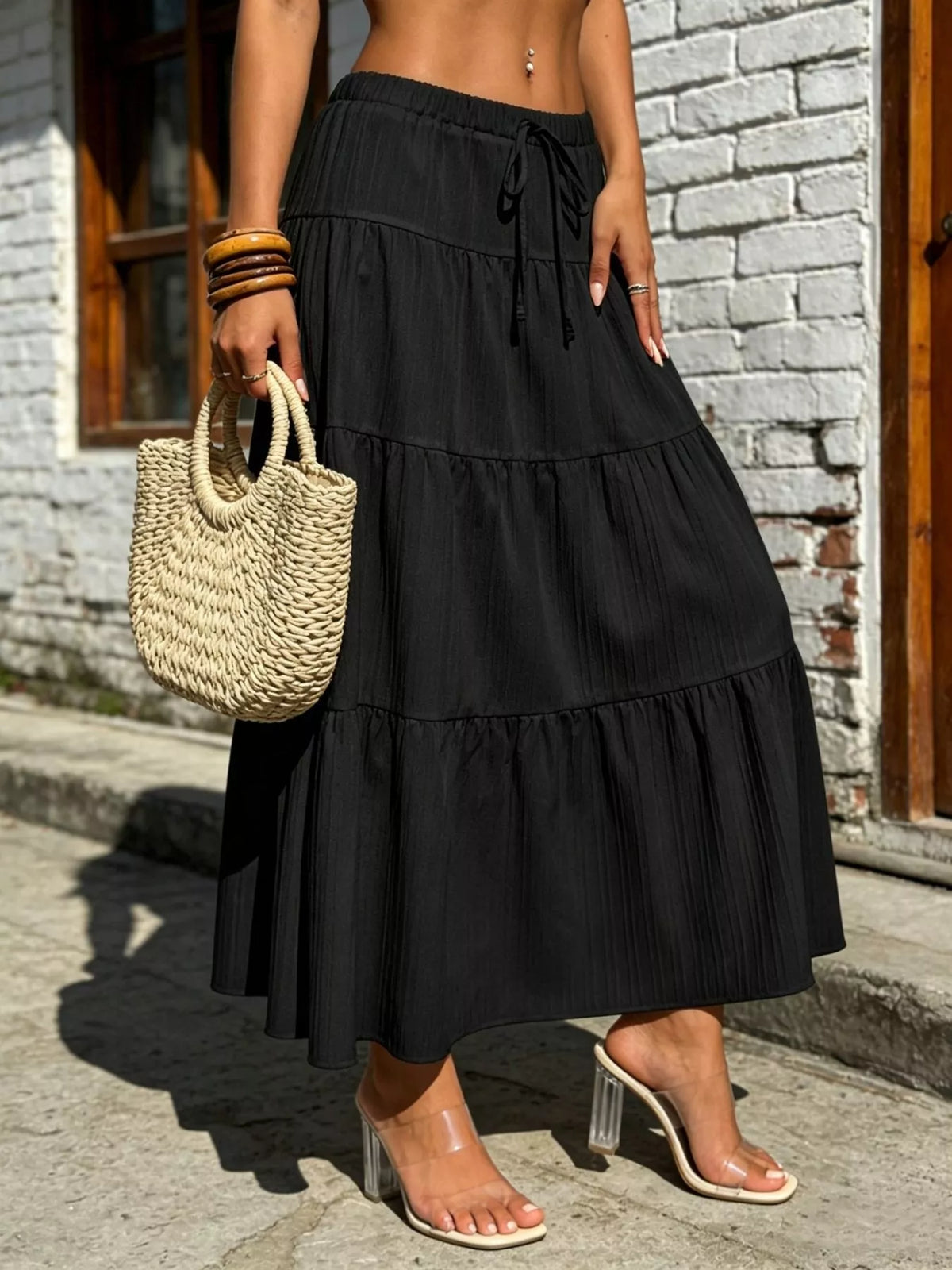 Trendsi Tiered Maxi Skirt with Drawstring Waist -