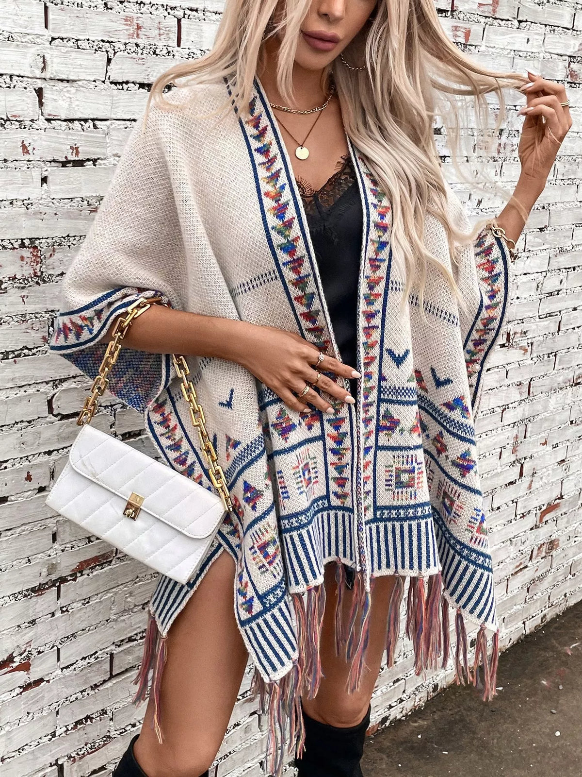 poncho, front view on model
