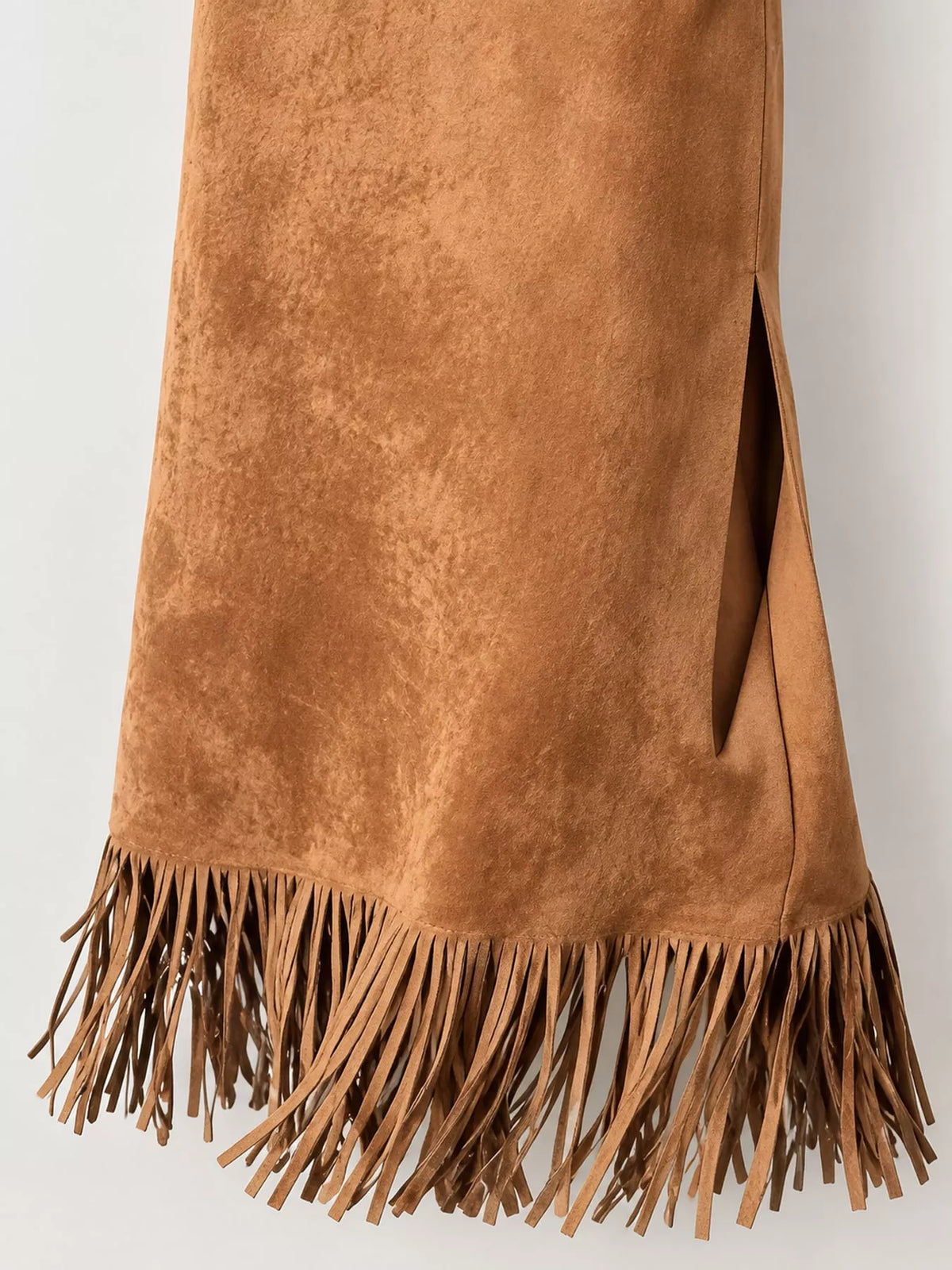 Camel fringe midi skirt, side slit and fringed hem