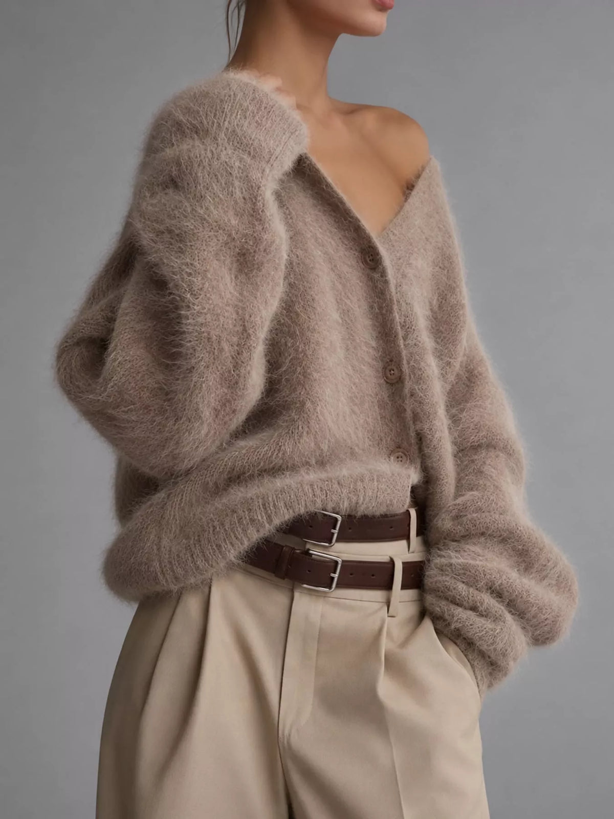 Taupe fuzzy v-neck button-down cardigan, side view