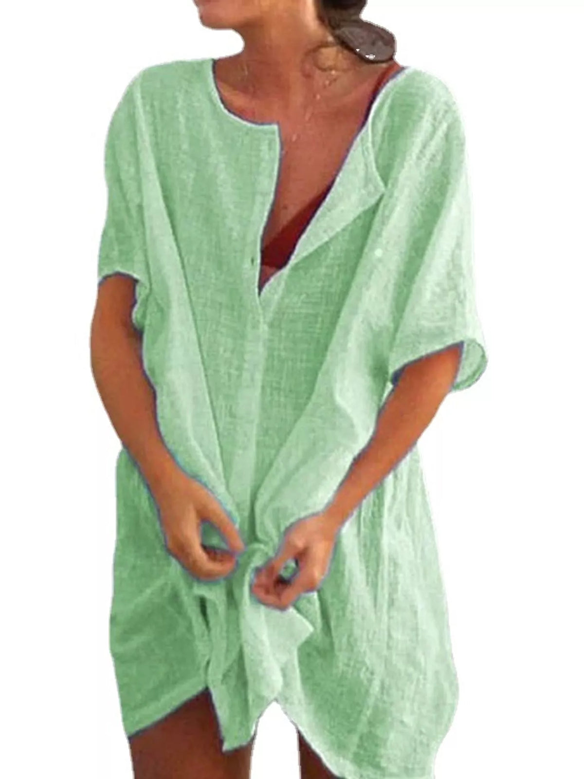 Linen-blend shirt, green knotted front