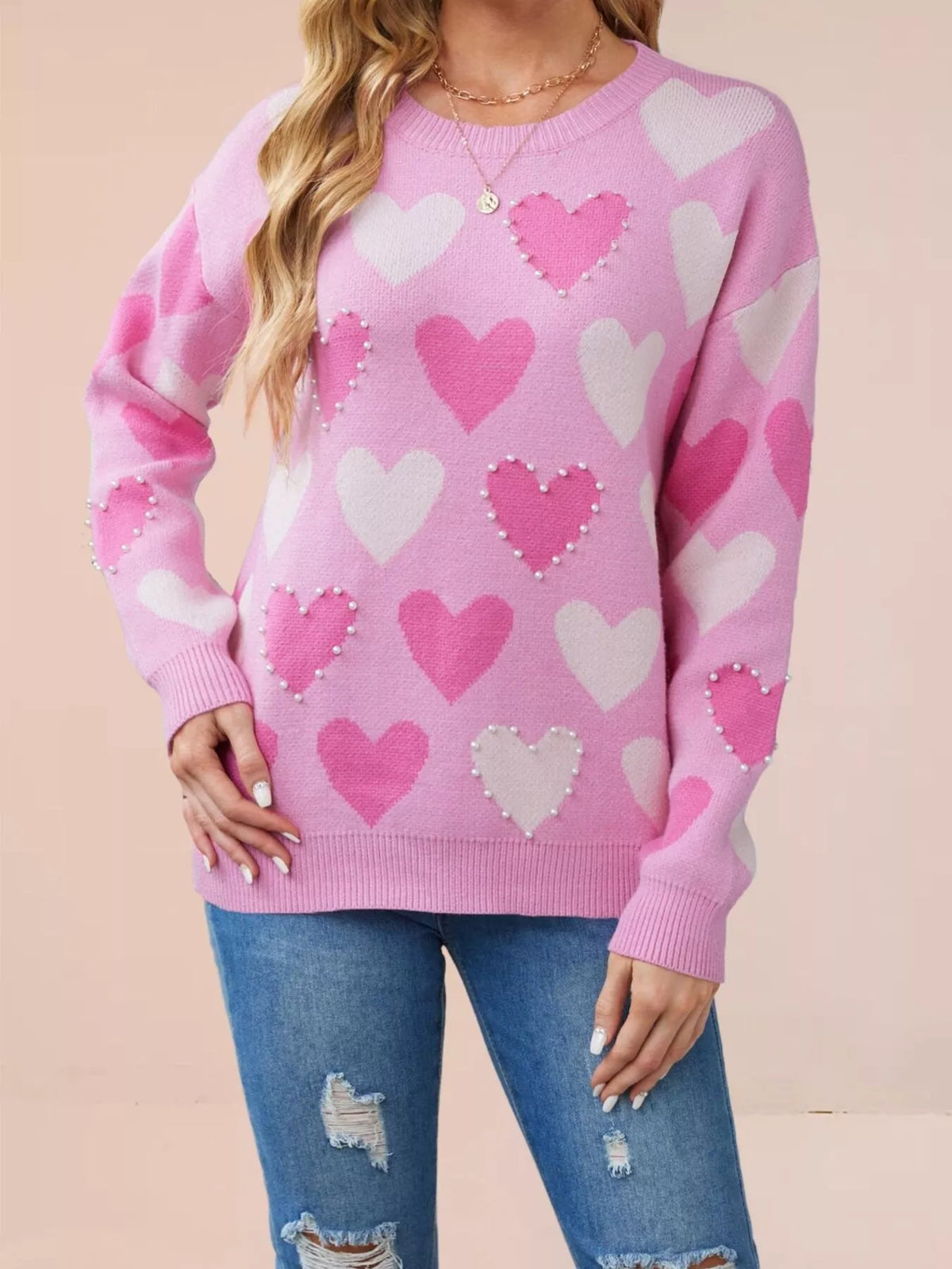 Trendsi Heart Pattern Pearl Embellishments Sweater -