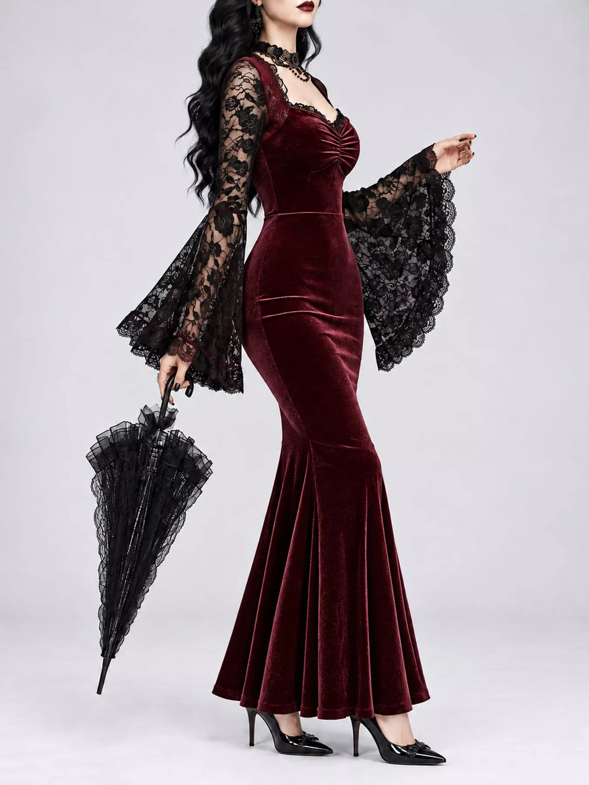 Burgundy lace flare sleeve maxi dress — side view
