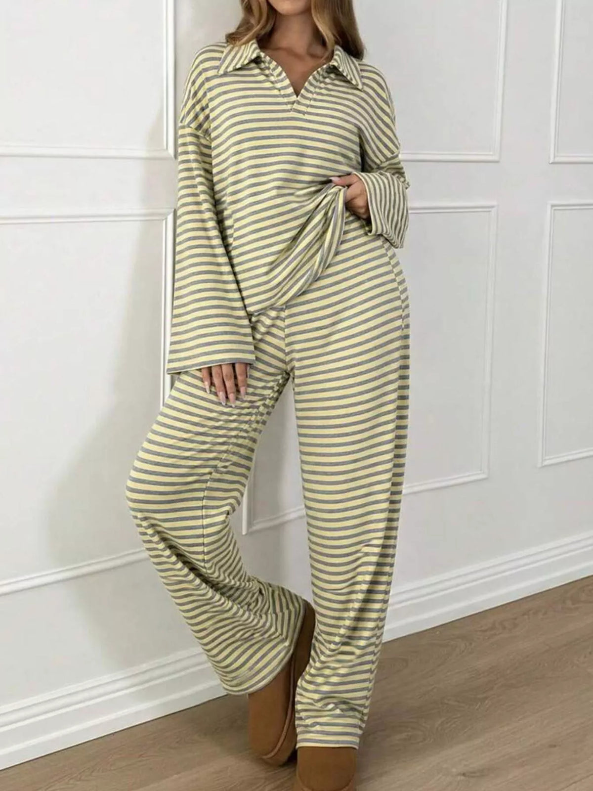 Striped Polo Top and Wide-Leg Pants Set, front view
