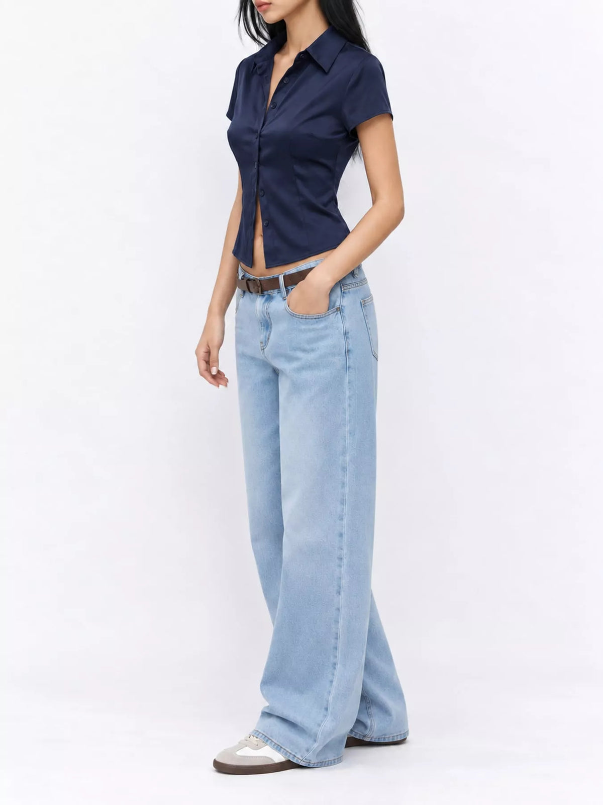 Satin Short Sleeve Button-Down Shirt in navy blue