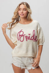 Trendsi BiBi Metallic Letter Short Puff Sleeve Hairy Sweater -