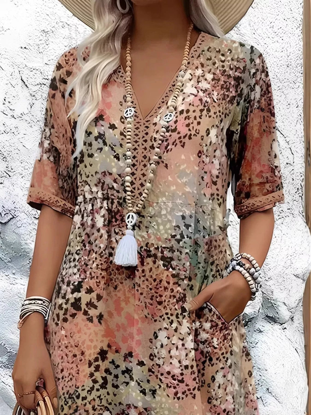 V-neck 3/4 sleeve knee dress, front view on model