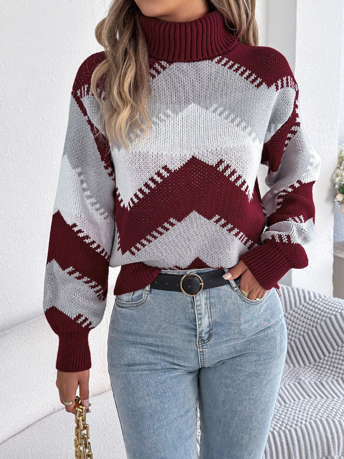 Wine Red chevron pattern turtleneck sweater