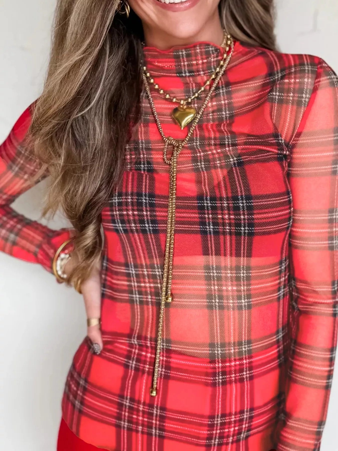 Trendsi Sheer Plaid Mock Neck Long Sleeve Blouse -