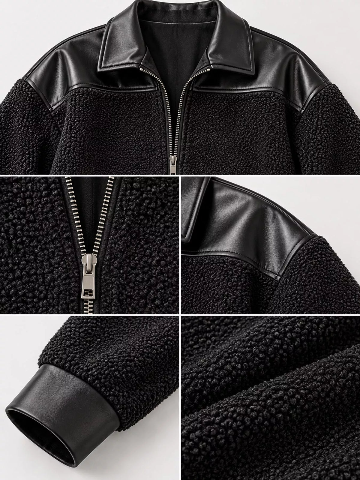 Sherpa-contrast jacket, black collar zip cuff and texture details
