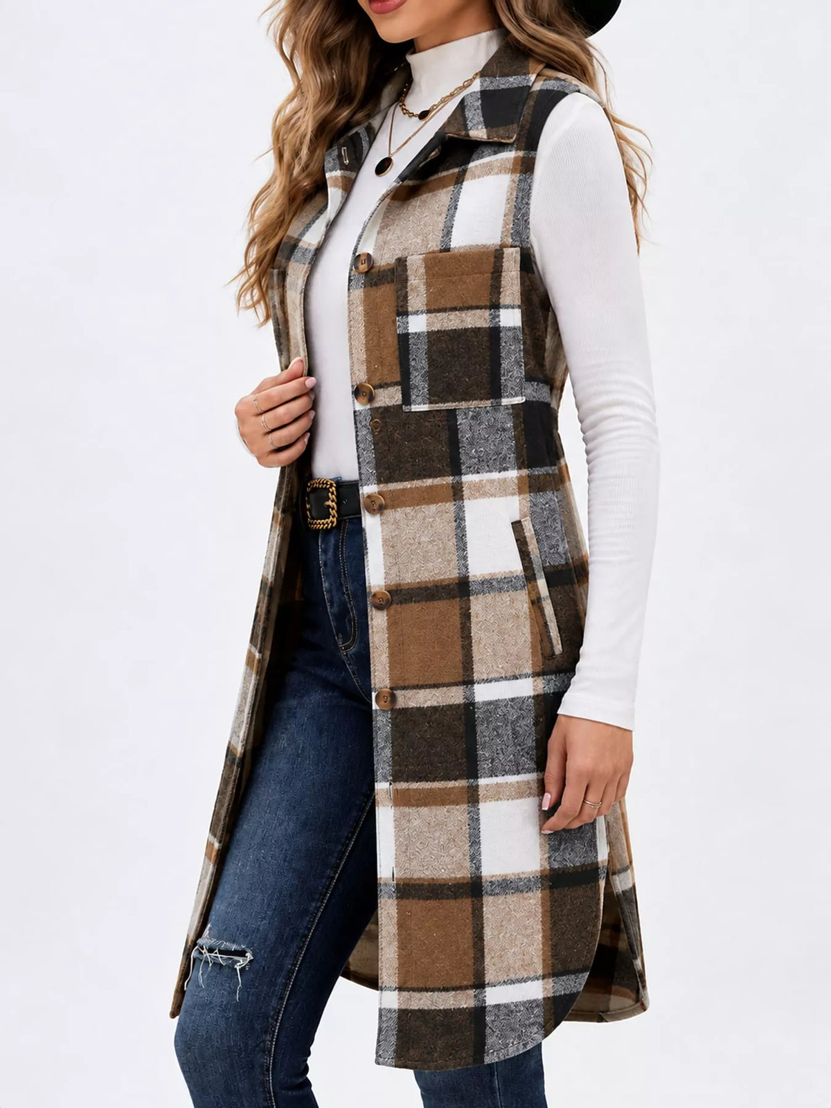 Longline Plaid Button-Down Vest Coat in brown, black and white