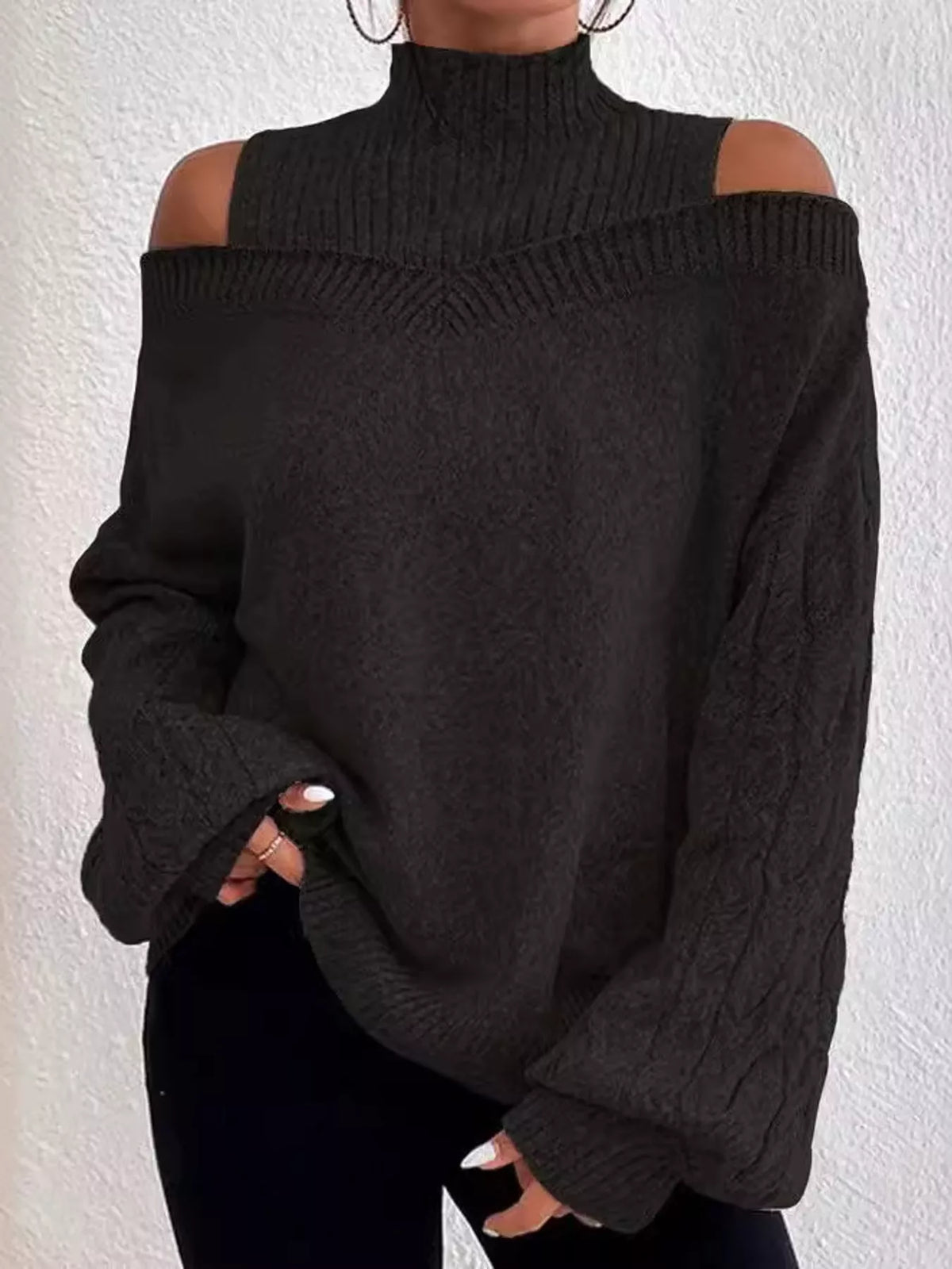 Black cold shoulder mock neck cable knit sweater, front view