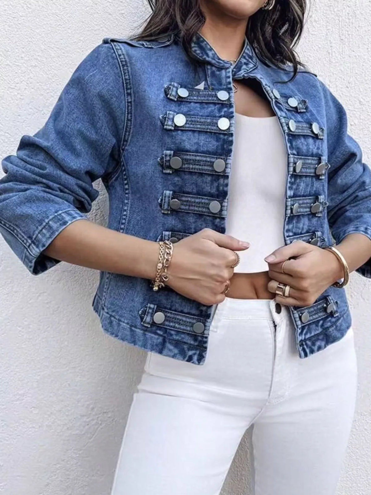 Decorative Button Cropped Denim Jacket — front view