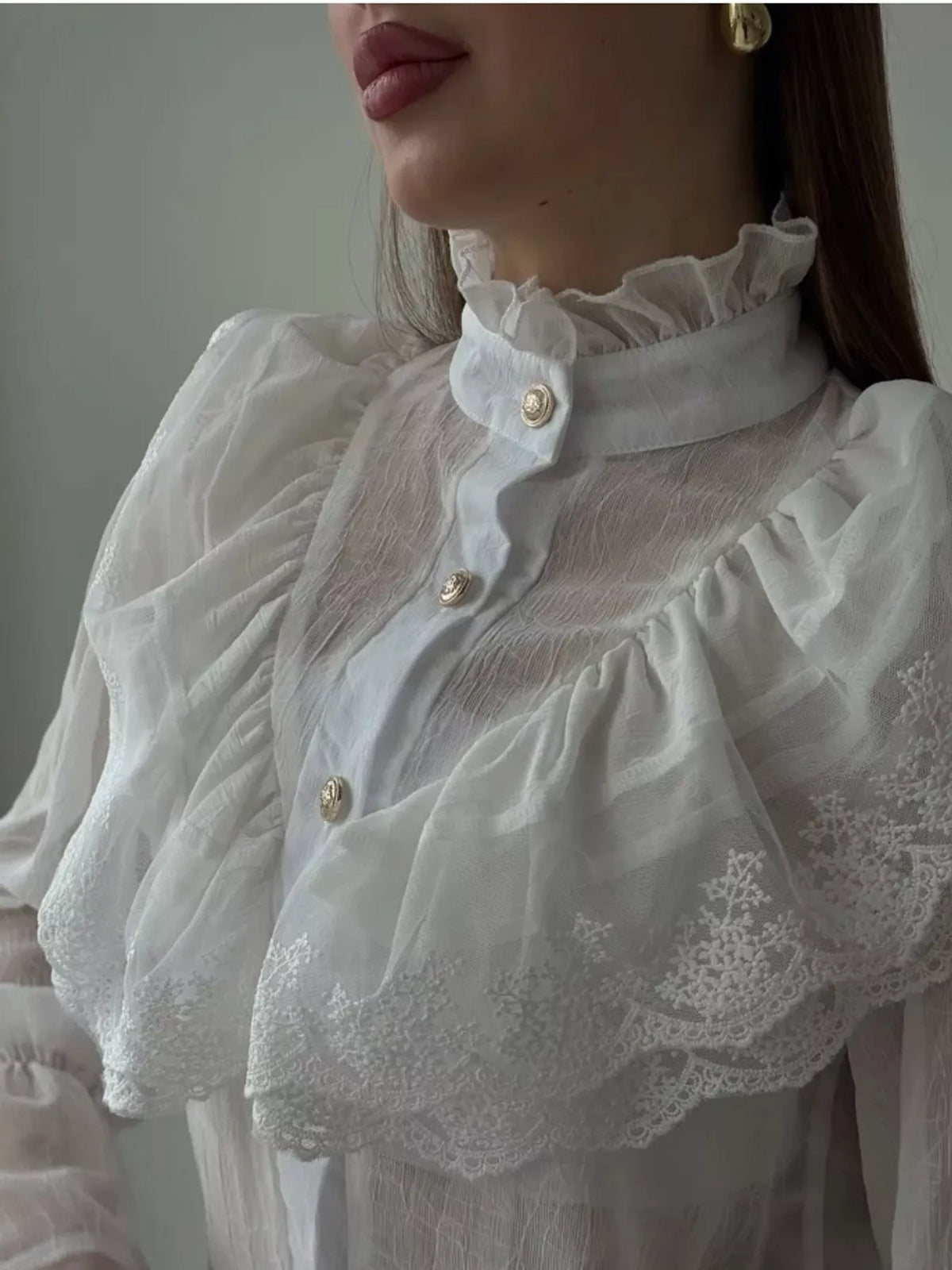 Lace Button-Up Flounce Sleeve Shirt — construction details