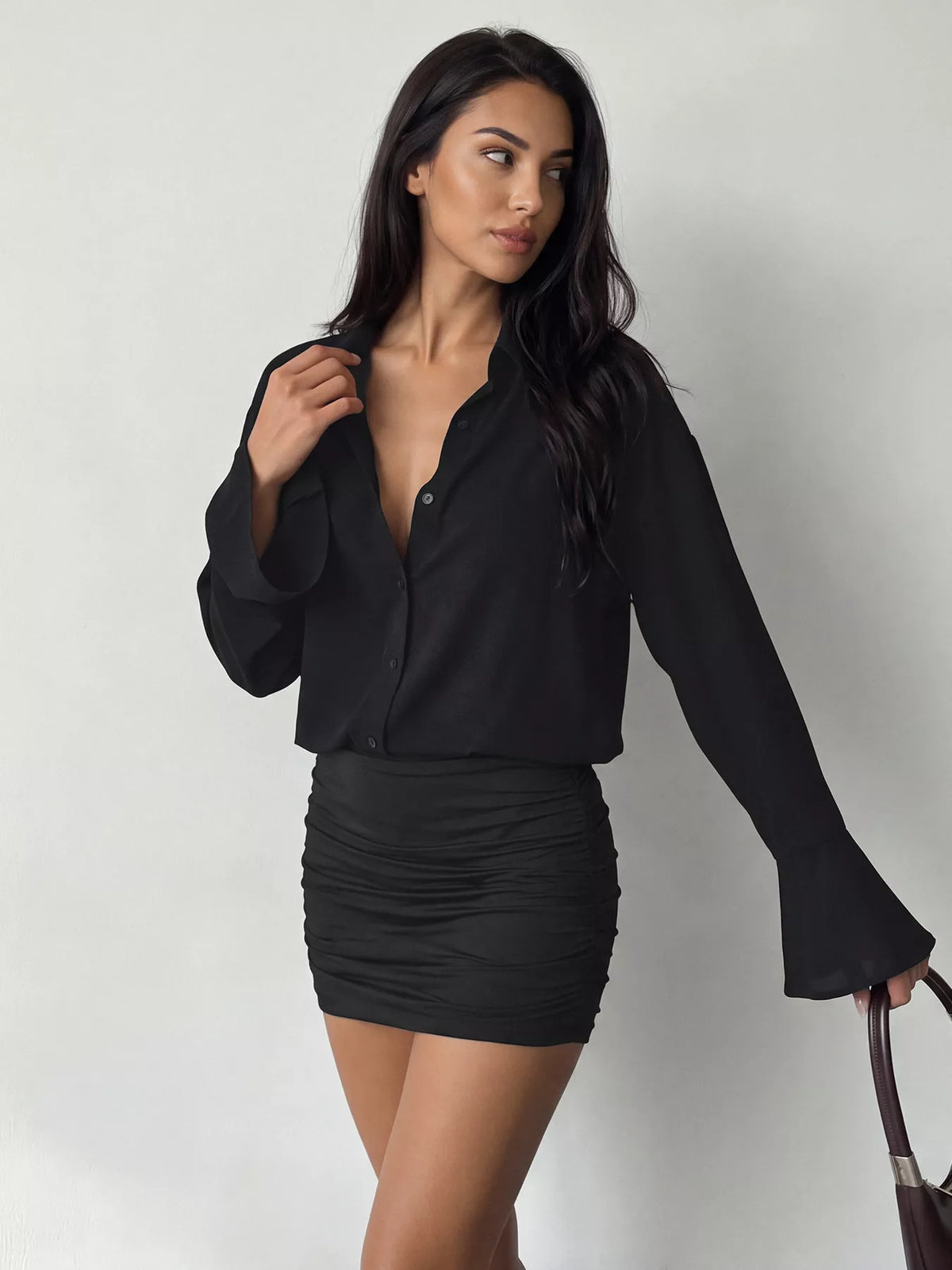 Black flounce sleeve ruched mini shirt dress, front with open collar