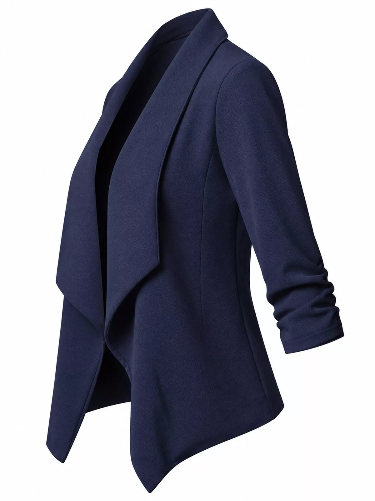 Navy open-front blazer with ruched 3/4 sleeves, side view