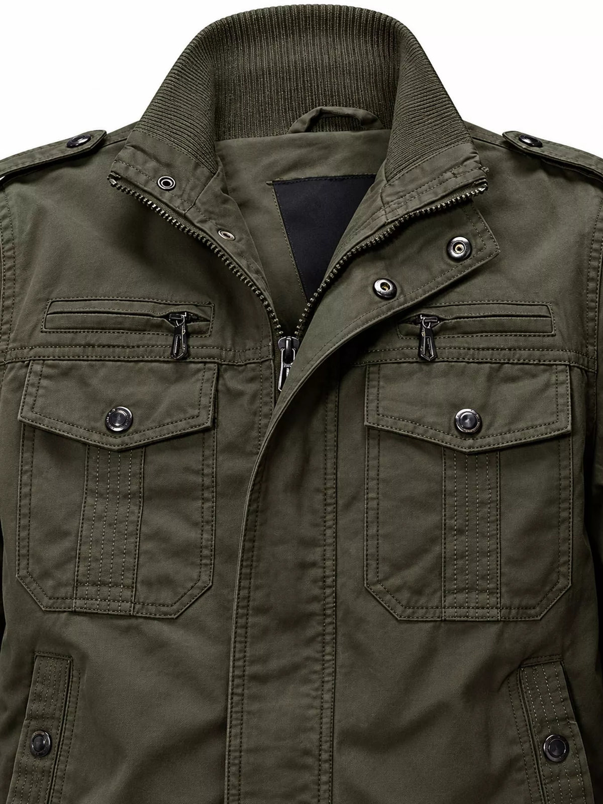 Multi-Pocket Tactical Bomber Jacket — garment construction details