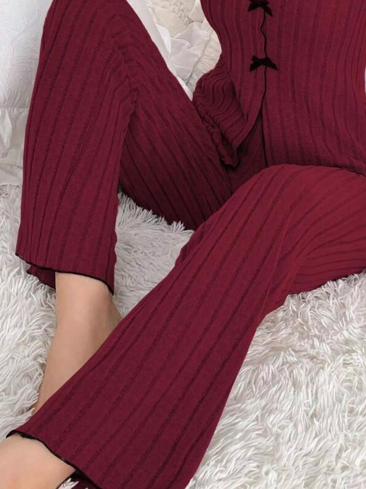 Women's Contrast Bow Detail Top and Pants Lounge Set in Wine Red, back view