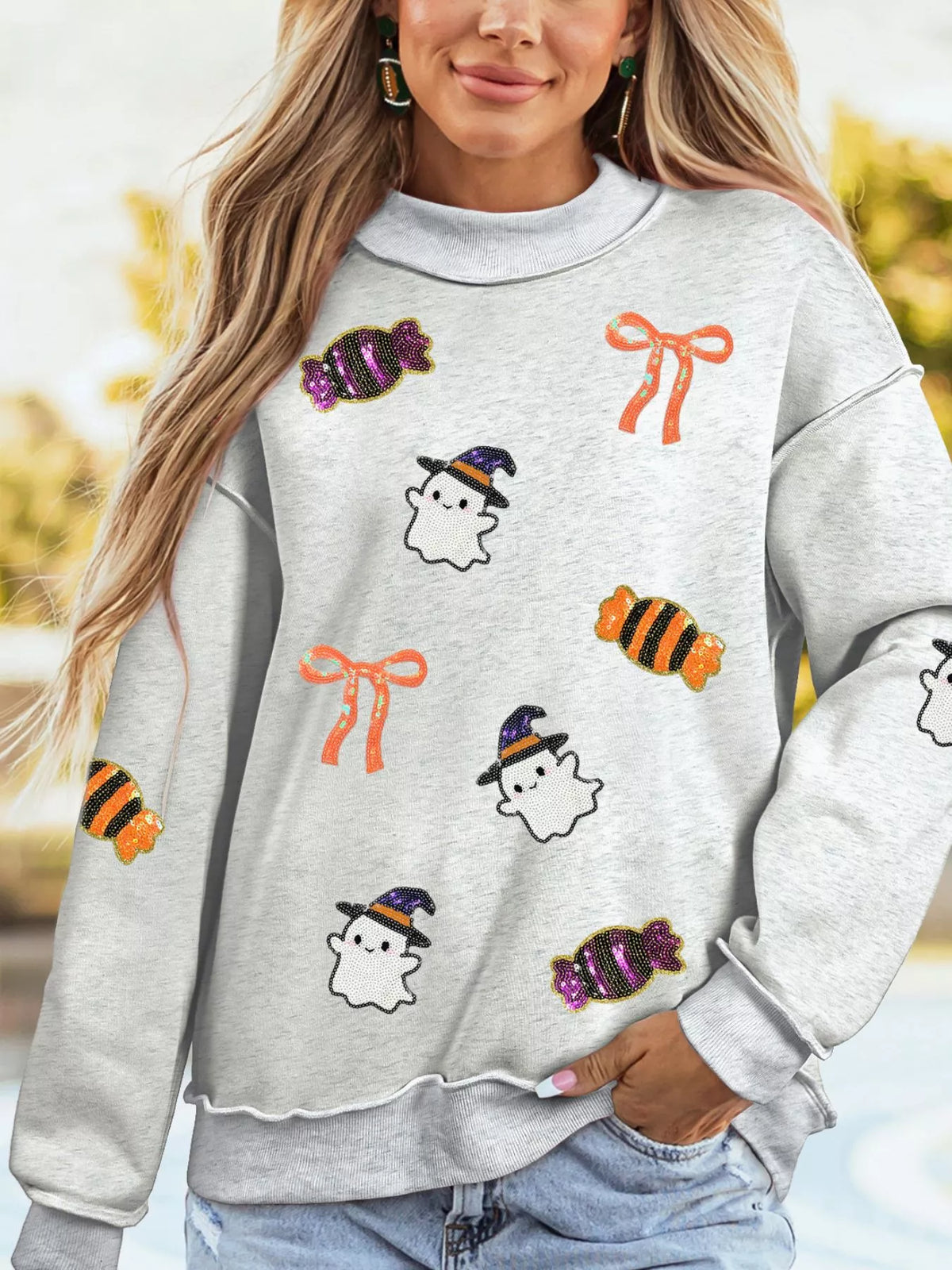 Women's Halloween Sequin Ghost Candy Pullover Graphic Sweatshirt in Light Gray, front view