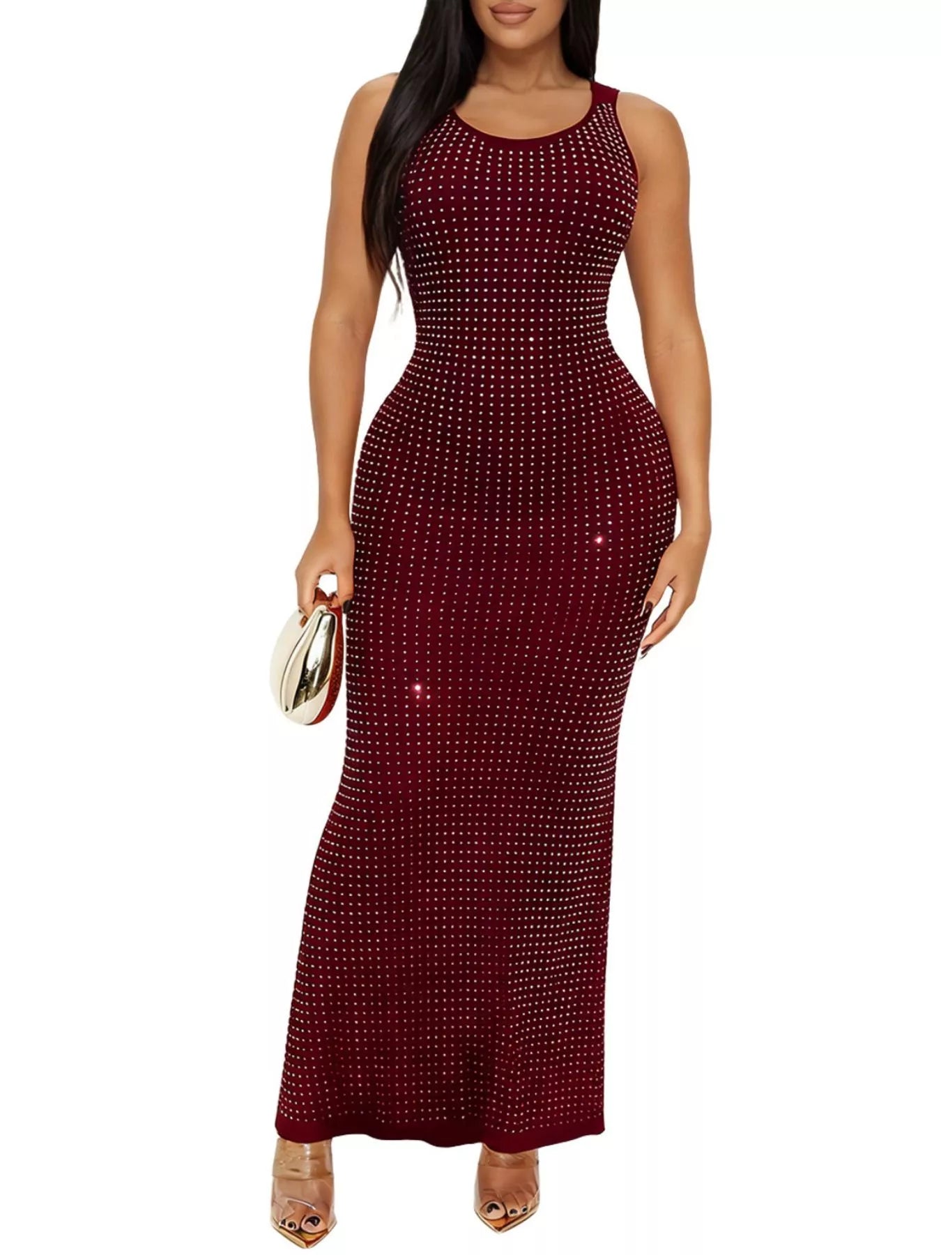 Trendsi Sleeveless Rhinestone Embellished Bodycon Maxi Dress -