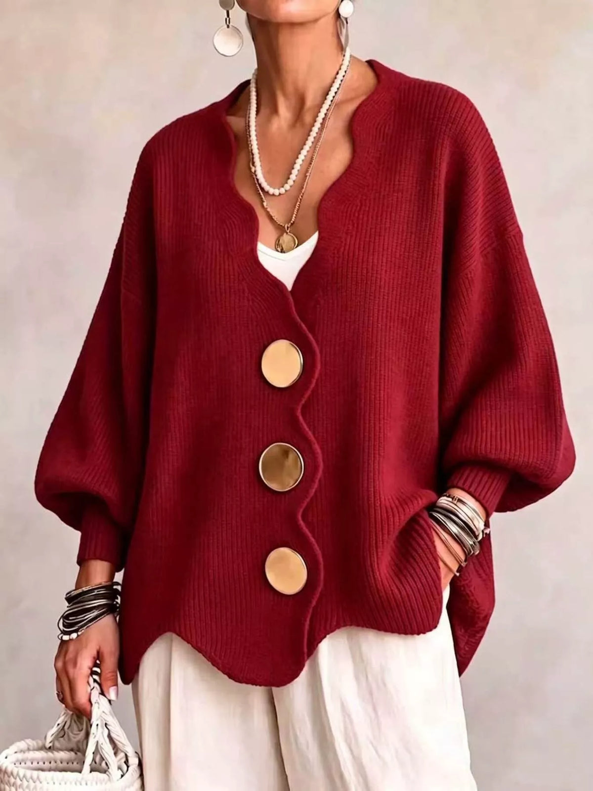 Women's Scalloped-Edge Oversized Button-Down Cardigan in Red, front view