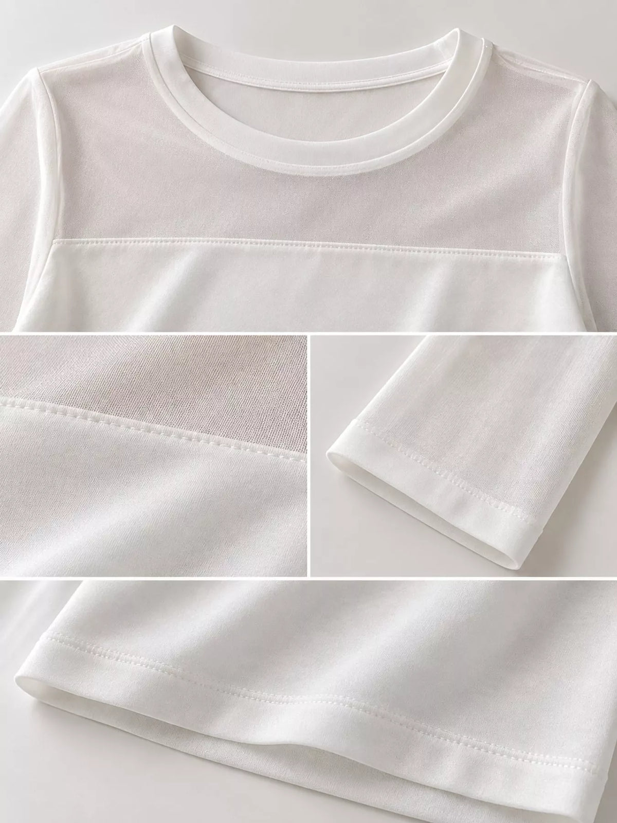 White sheer mesh patchwork long sleeve t-shirt, detail view