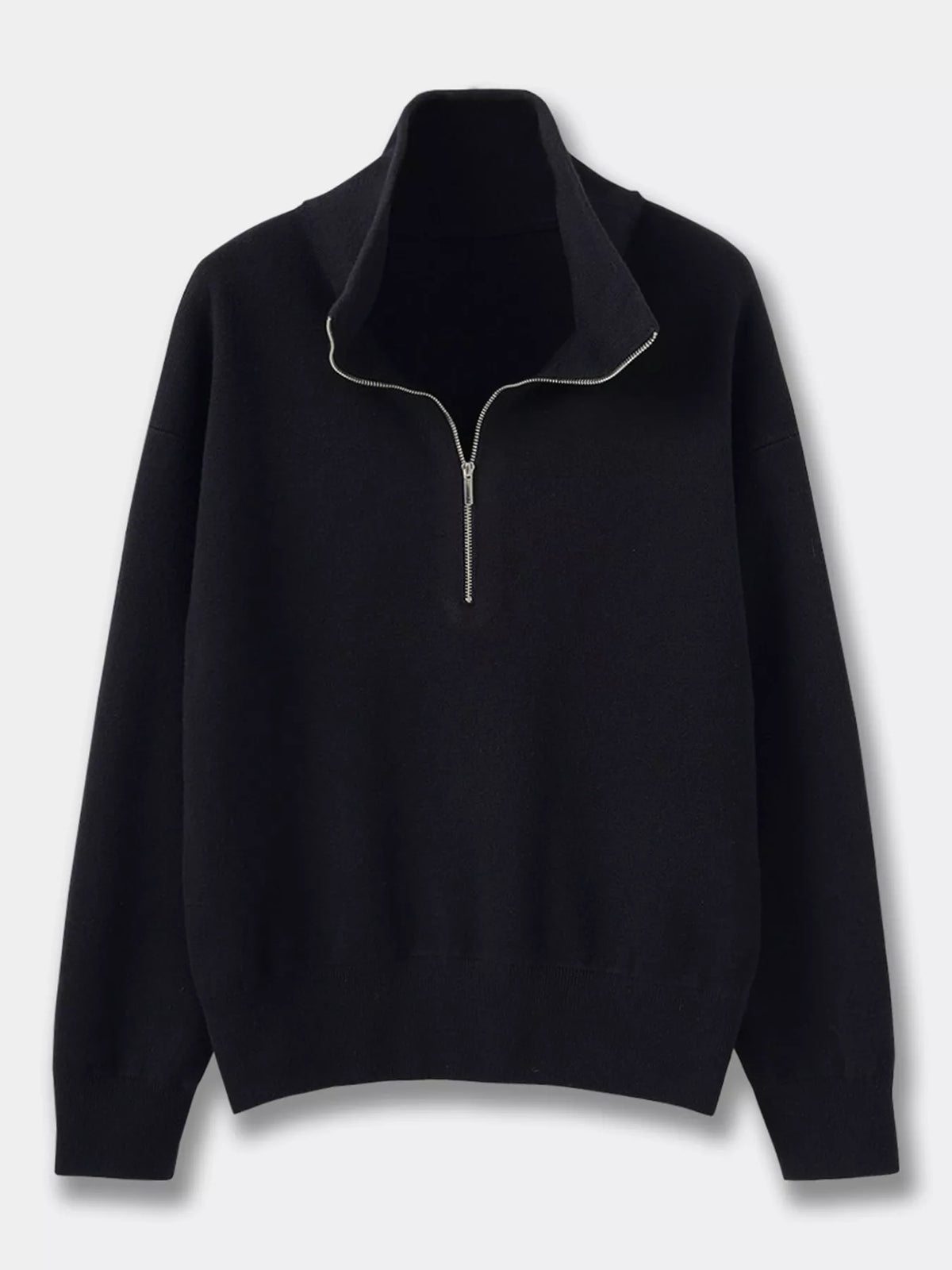 Women's Half-Zip Dropped Shoulder Sweater in black — flat lay view