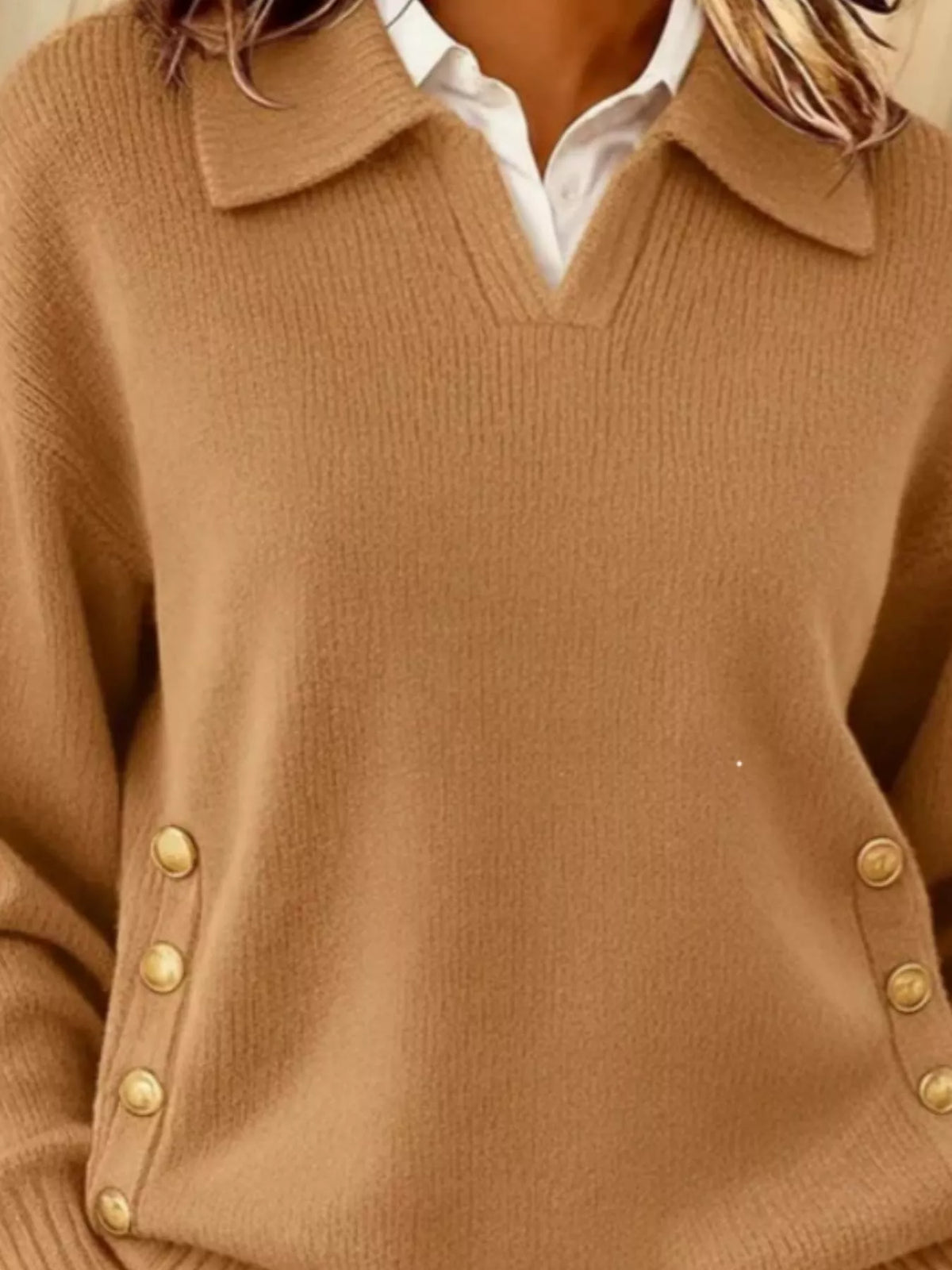 Women's Decorative Button Dropped Shoulder Sweater in Khaki, alternate view