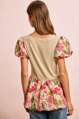 Trendsi BiBi Floral Printed Bubble Sleeves and Hem Peplum Top -