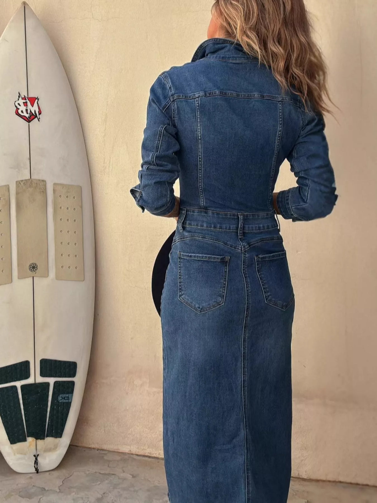 Blue button front slim fit denim midi dress, back view