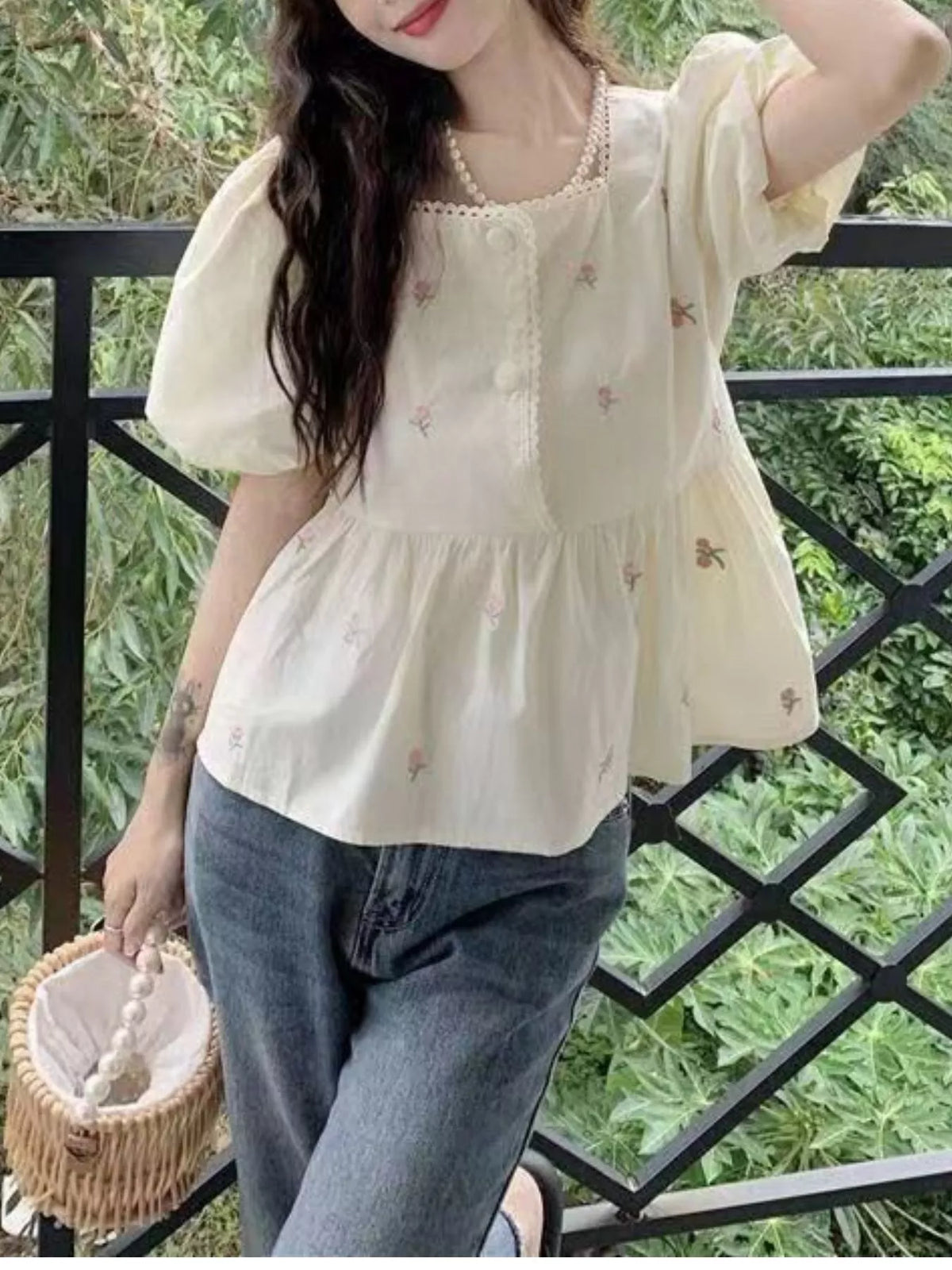 Cream floral embroidered puff sleeve peplum blouse