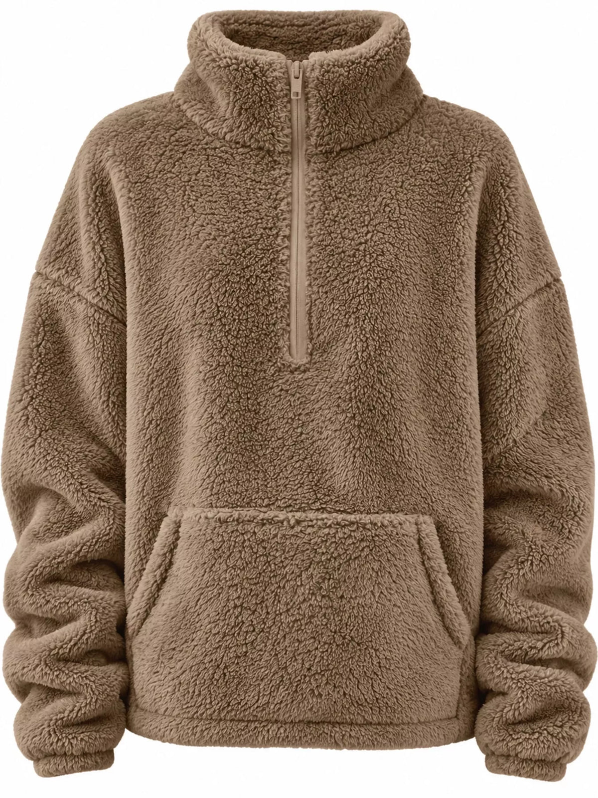 Sherpa quarter-zip sweatshirt, tan zip and pocket front