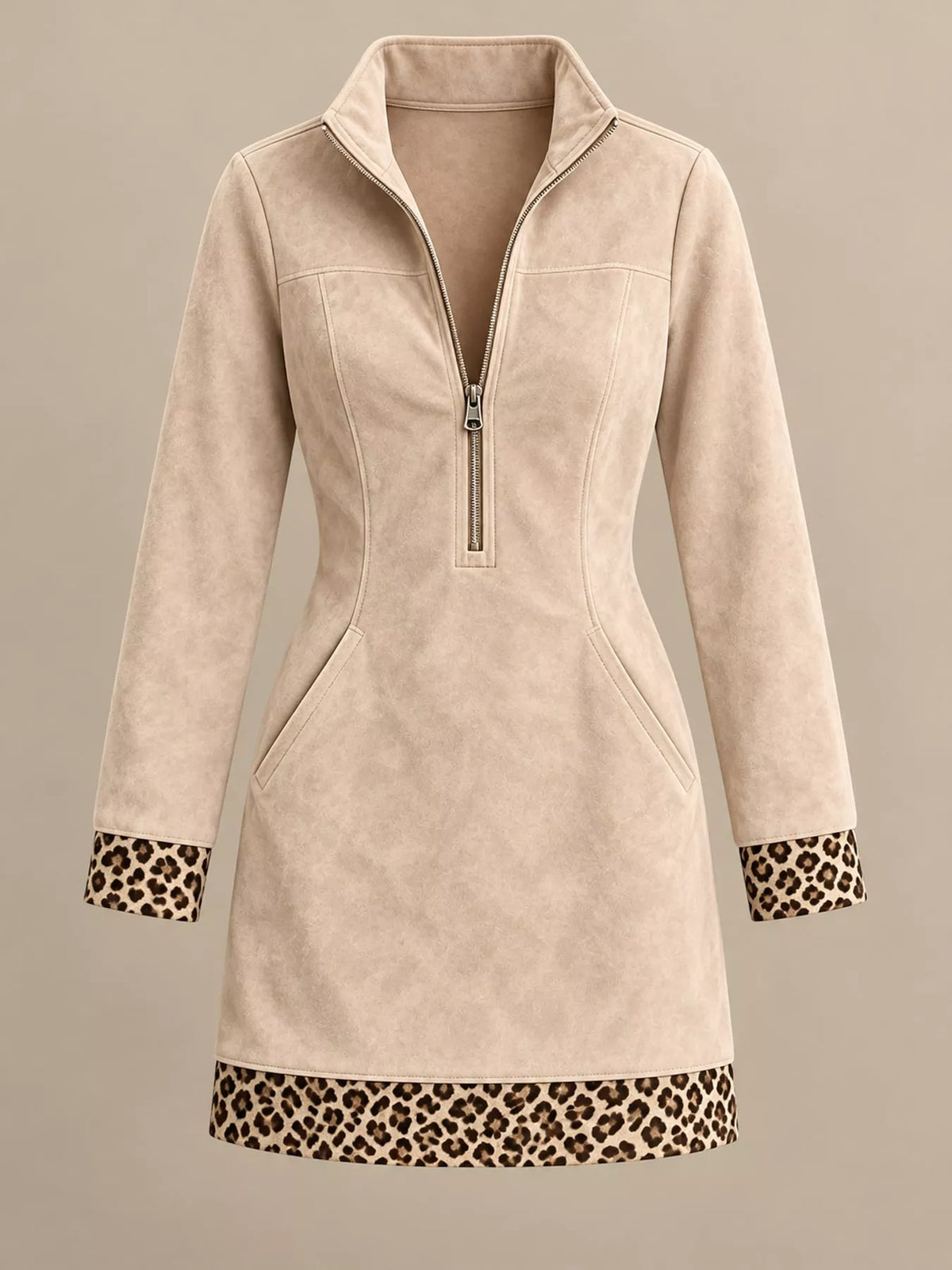Leopard Trim Half-Zip Mini Dress — garment front