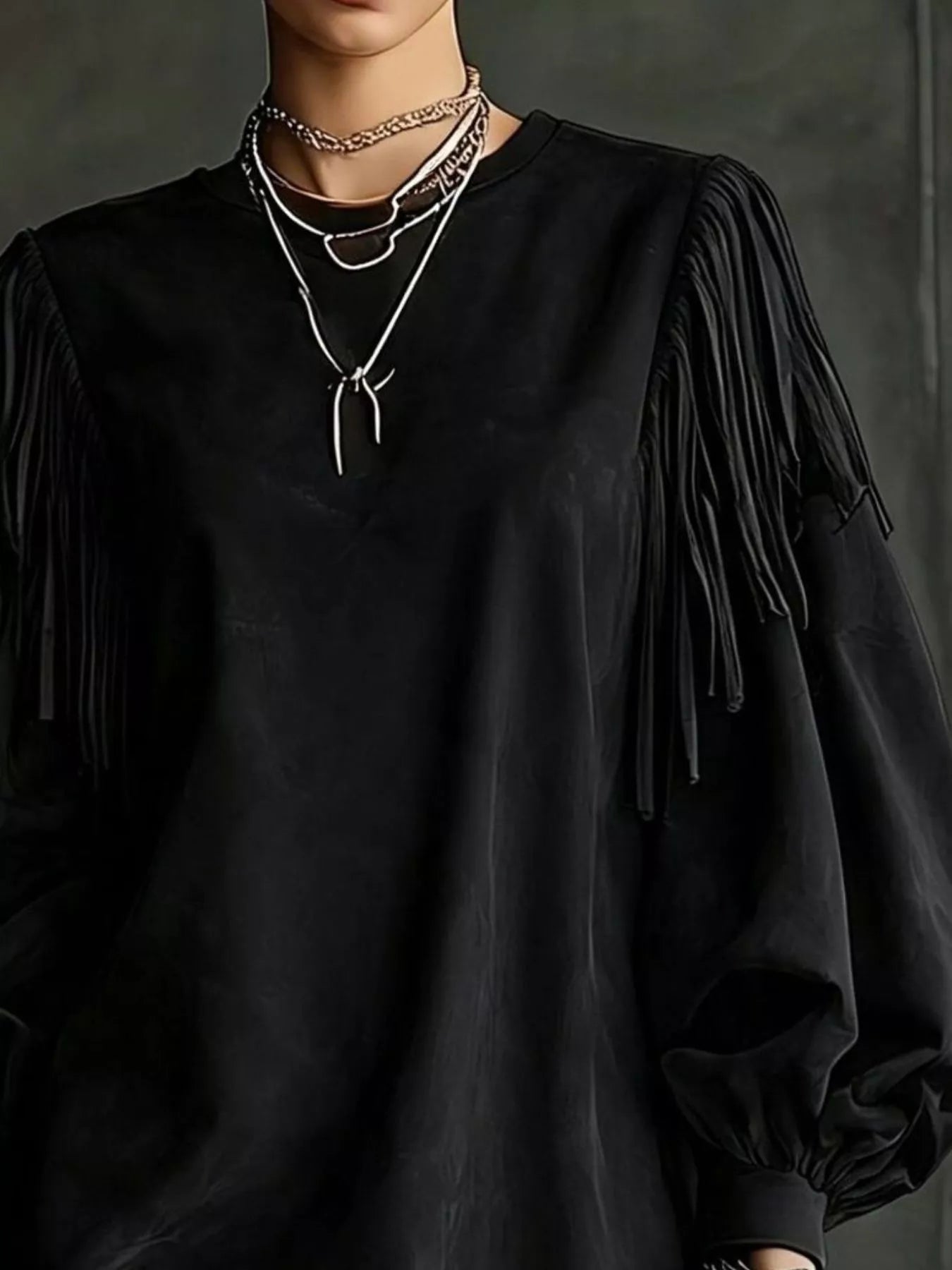 Trendsi Fringe Detail Lantern Sleeve Mini Dress -