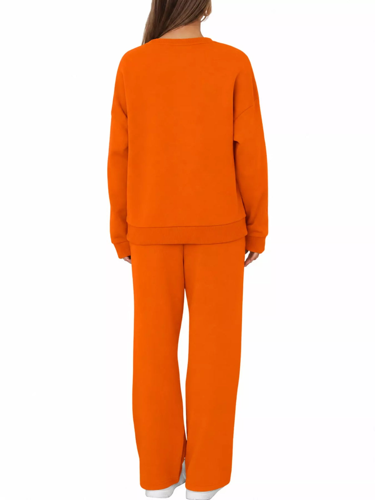 Crewneck Drop Shoulder Sweatshirt and Wide-Leg Pants Set — back view