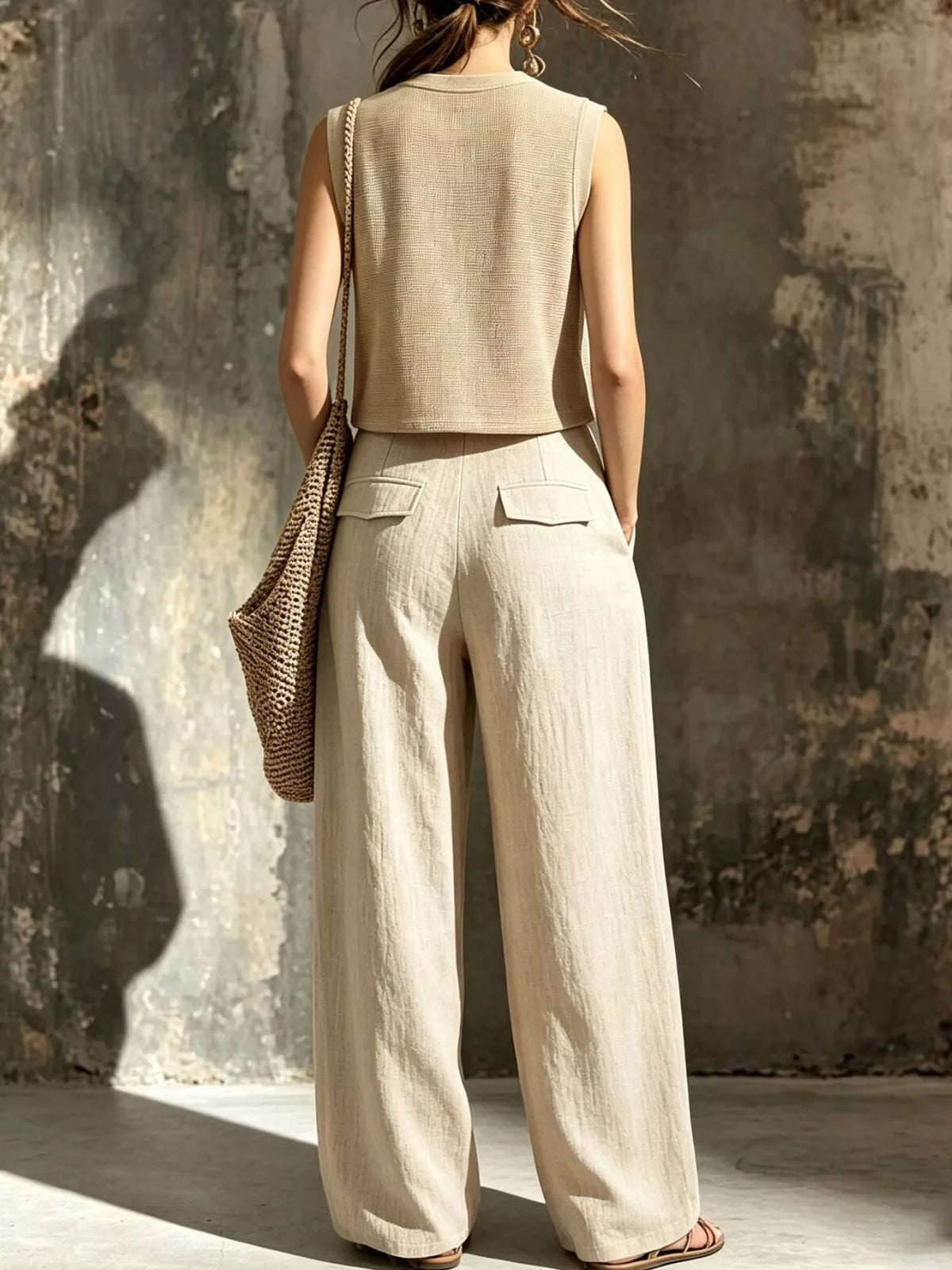 Khaki Sleeveless Crop Top & Wide-Leg Cargo Pants Set back view