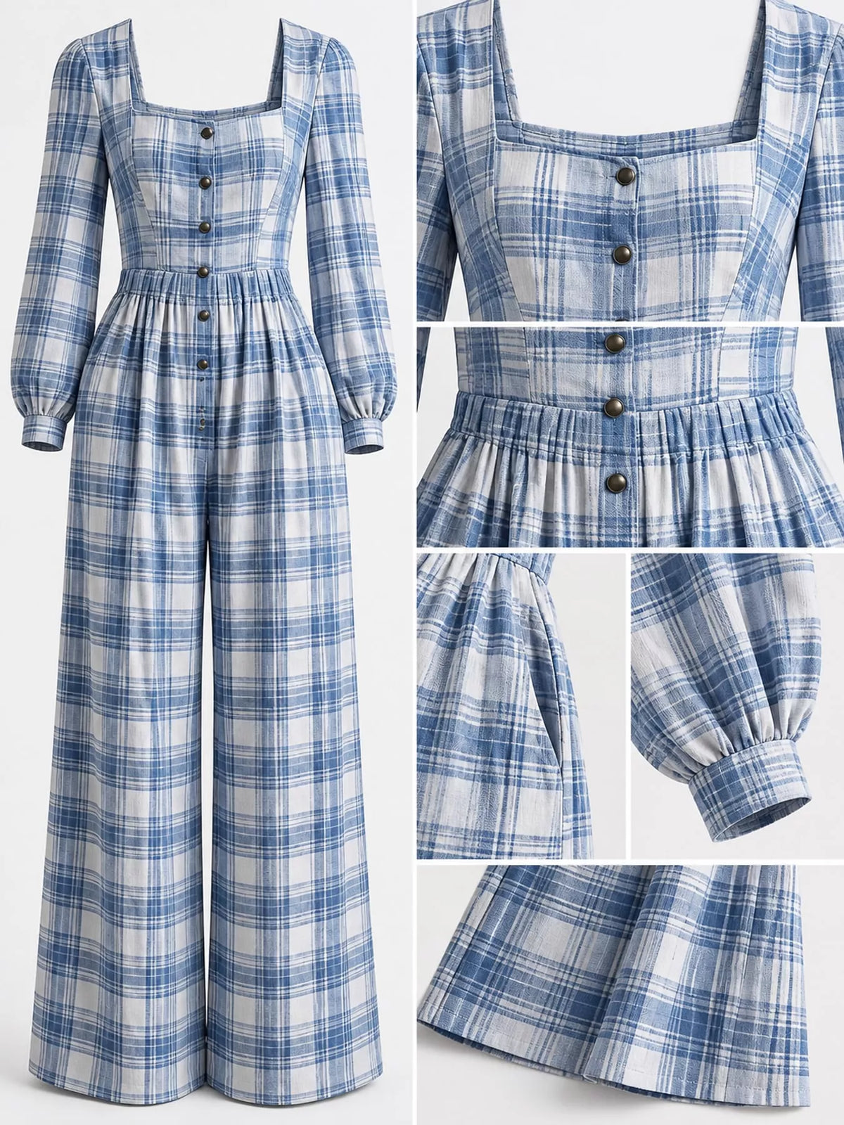 Plaid jumpsuit, light blue button cuff detail collage