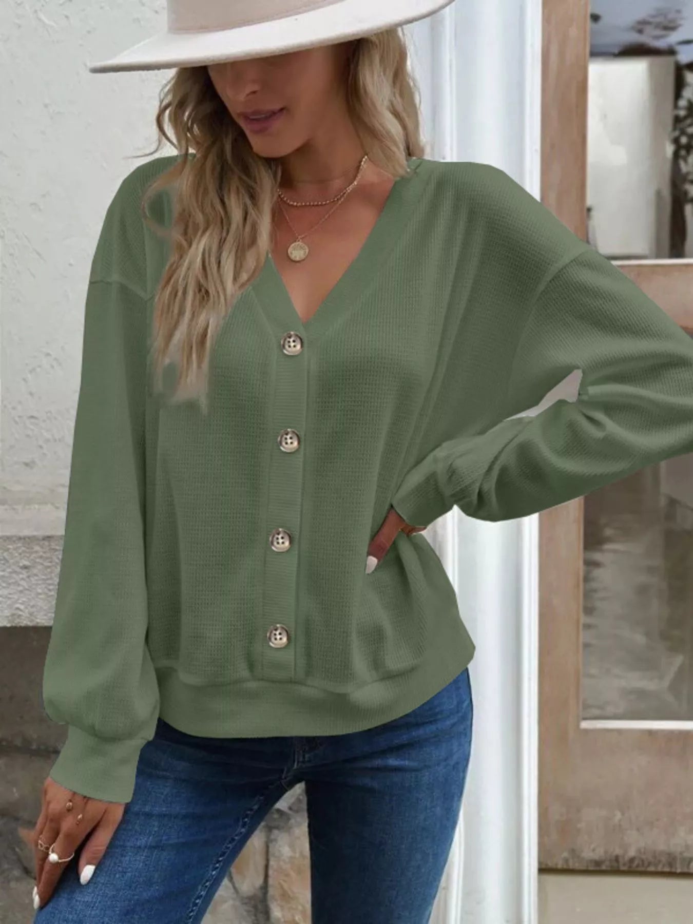Trendsi Casual V-Neck Waffle Long Sleeve Top -