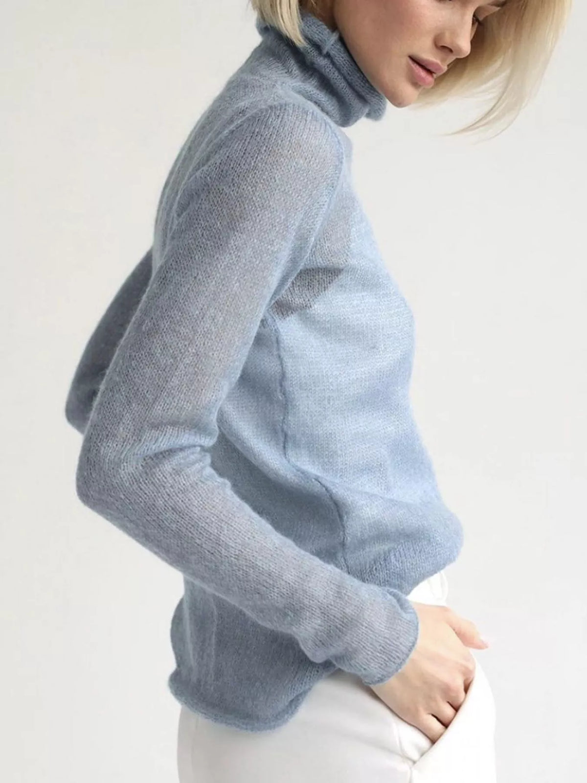 Women's Sheer Turtleneck Knit Top in light blue — side view